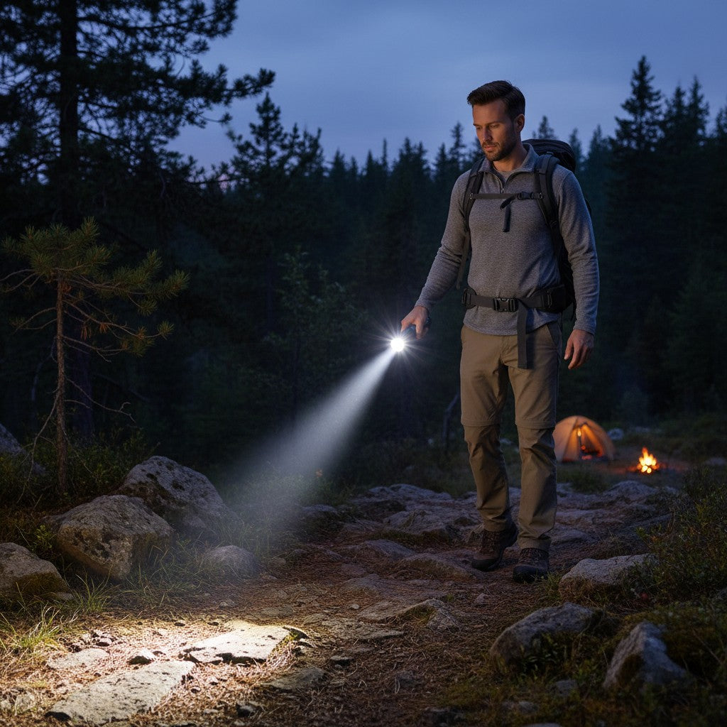 Randonneur Lumeoo utilisant une lampe de poche LED P70 puissante en aluminium pour éclairer un sentier de nuit