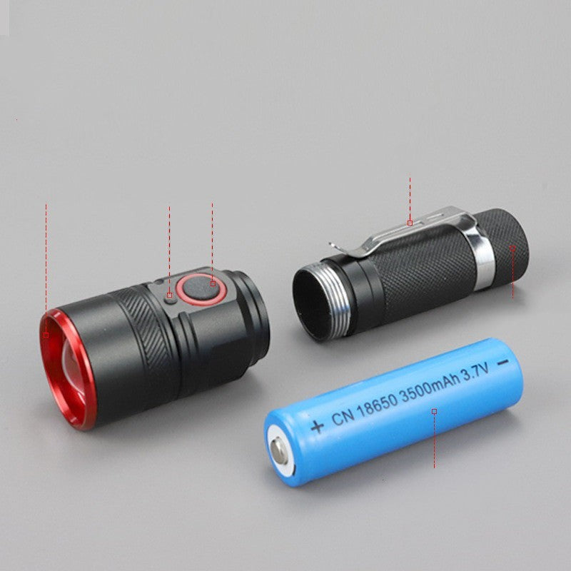 Lampe de poche LED Lumeoo compacte et rechargeable avec batterie lithium 18650, corps noir et bague rouge.
