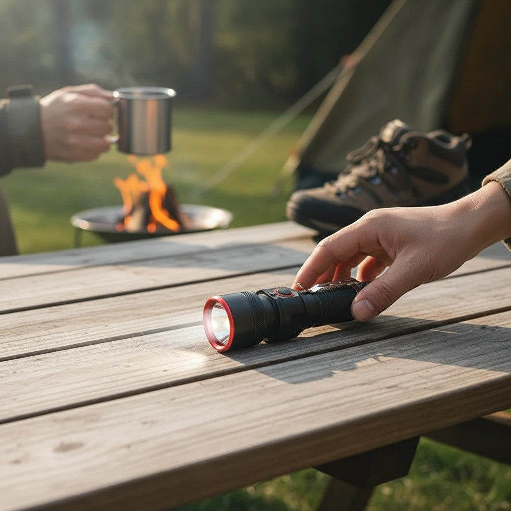 Lampe de poche LED Lumeoo compacte et rechargeable posée sur une table de camping avec un feu en arrière-plan.