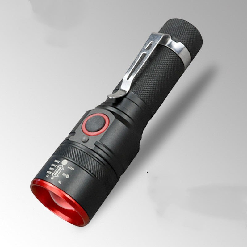 Lampe de poche LED Lumeoo compacte et rechargeable, noire avec bordure rouge, clip de ceinture et zoom réglable.