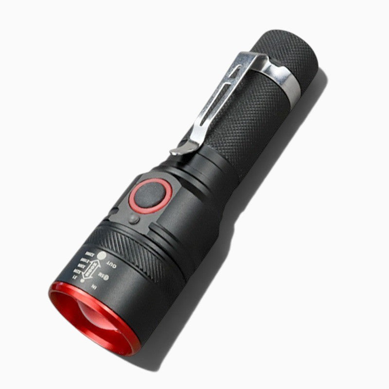 Lampe de poche LED Lumeoo rechargeable et compacte avec corps noir, clip de ceinture et bordure rouge
