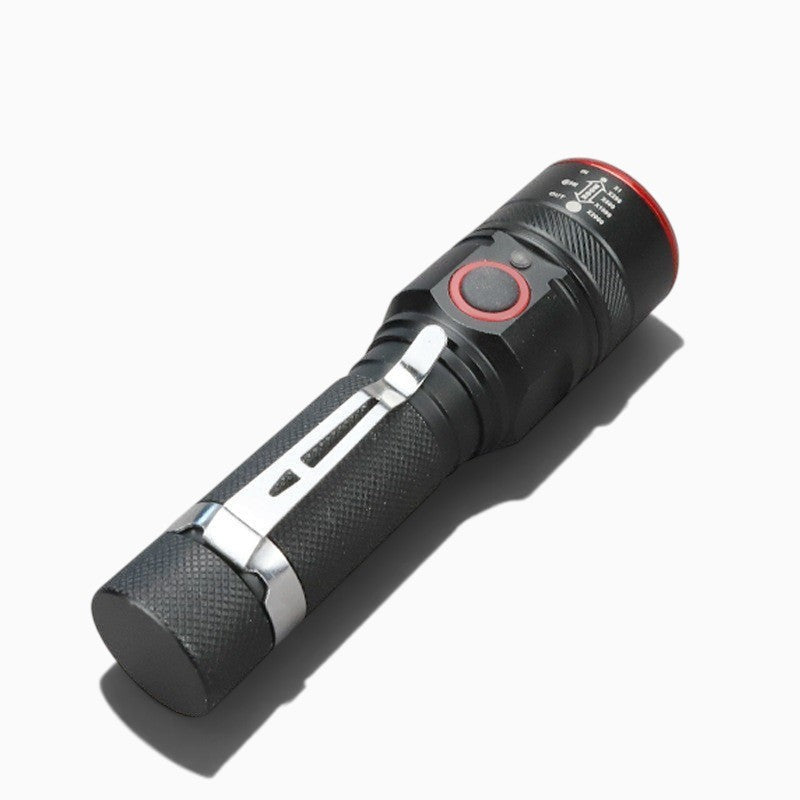 Lampe de poche LED Lumeoo compacte et rechargeable en métal noir avec clip de ceinture et bouton de commande rouge