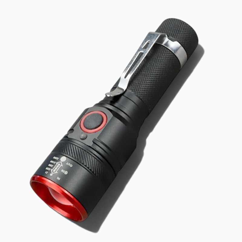 Lampe de poche LED Lumeoo compacte et rechargeable avec corps noir, clip de ceinture et bordure rouge
