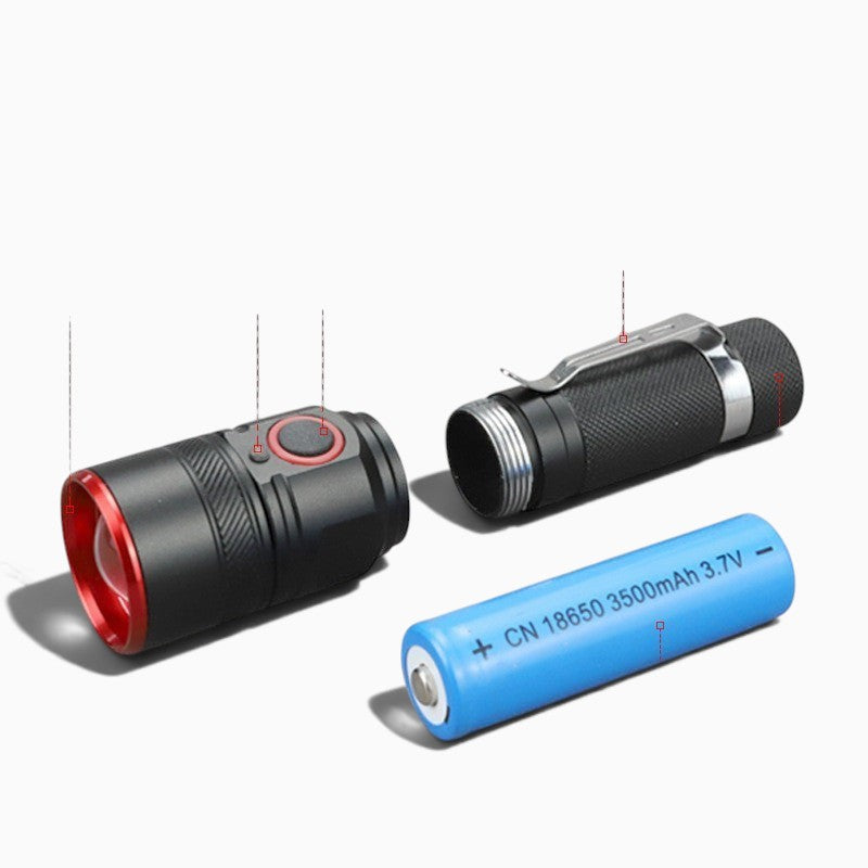 Lampe de poche LED Lumeoo compacte et rechargeable avec batterie lithium 18650, corps noir et détails rouges