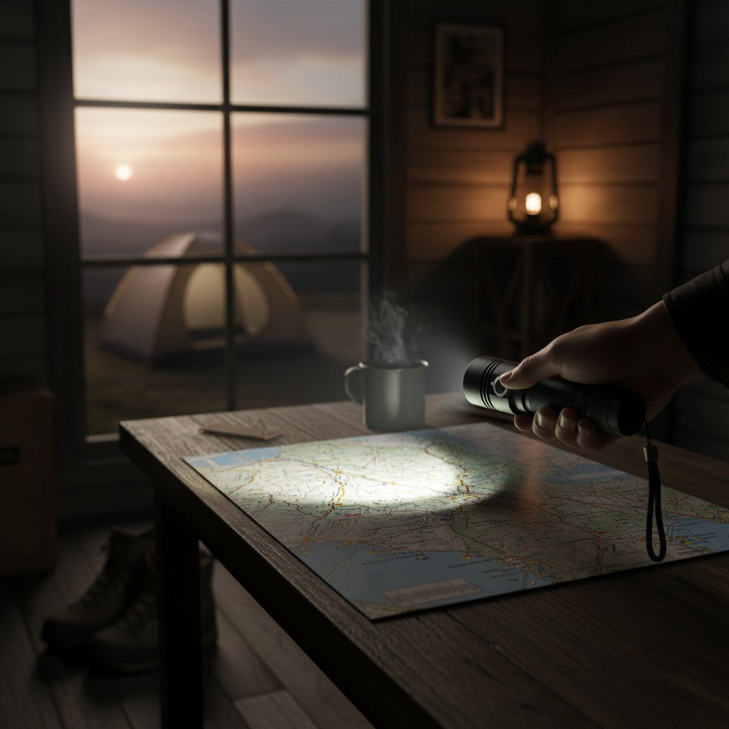 Lampe de poche LED tactique Lumeoo en aluminium noir éclairant une carte sur une table dans un chalet au crépuscule
