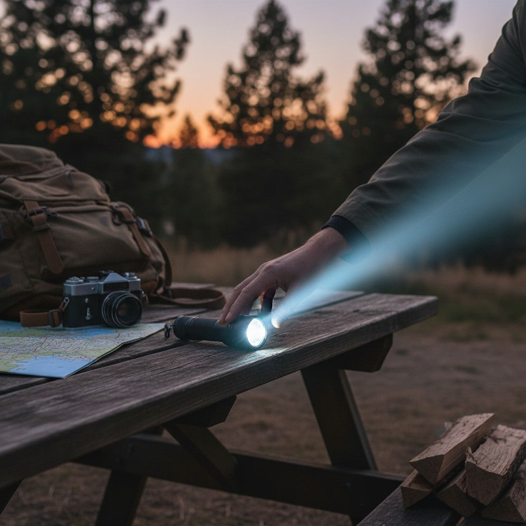 Lampe de poche LED tactique Lumeoo en aluminium noir posée sur une table en bois lors d'un bivouac au coucher du soleil Image