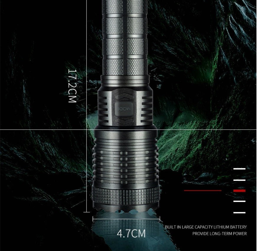 Lampe de poche LED Lumeoo XENOX en aluminium gris, rechargeable, idéale pour le camping et les activités outdoor.