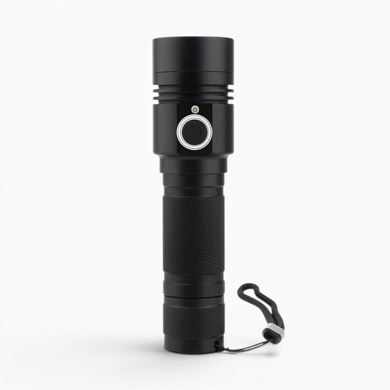 Lampe de poche tactique Lumeoo noire en aluminium avec bouton d'alimentation lumineux et dragonne