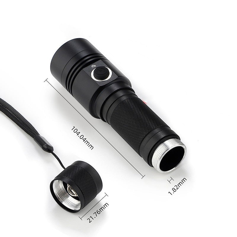 Lampe de poche tactique Lumeoo en aluminium noir avec dragonne et dimensions techniques affichées