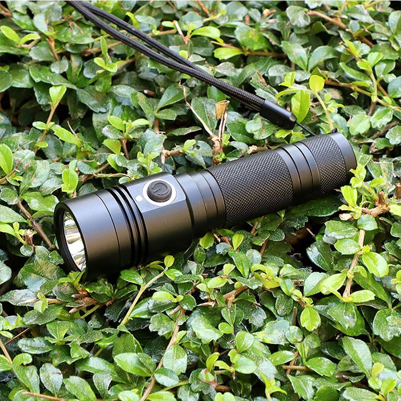 Lampe de poche tactique LED Lumeoo en aluminium noir avec dragonne, posée sur un feuillage vert