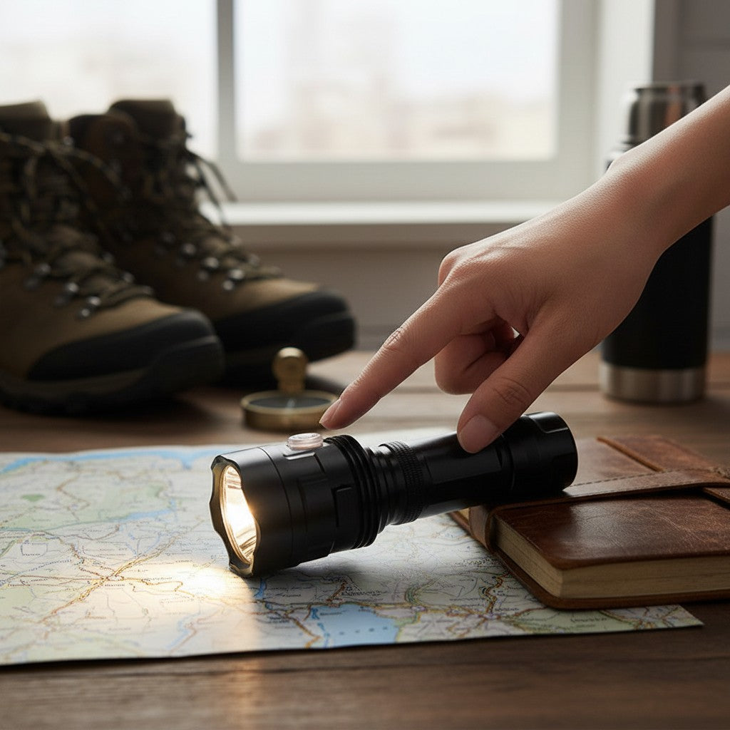 Lampe de poche tactique Lumeoo TACTORIX noire posée sur une carte avec des chaussures de randonnée en arrière-plan