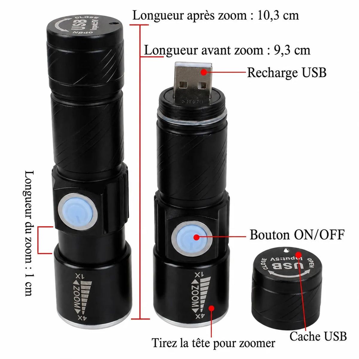 Lampe de poche UV Lumeoo noire compacte avec zoom réglable, rechargeable par USB pour détection de faux billets.