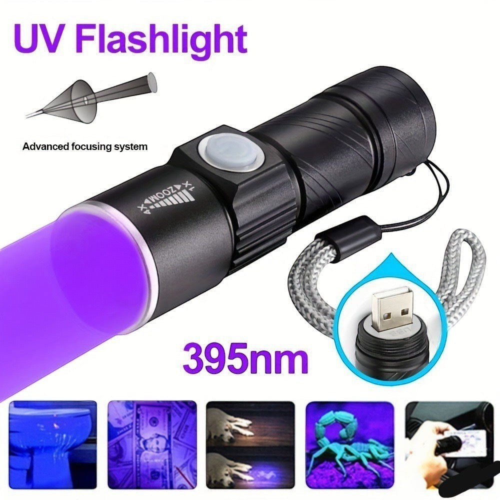 Lampe de poche UV Lumeoo noire rechargeable par USB avec zoom réglable pour détection de faux billets et taches