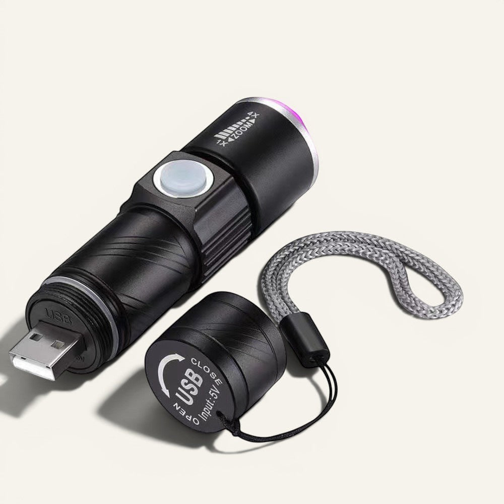 Lampe de poche UV Lumeoo noire compacte avec port USB intégré pour détection de faux billets et marquages fluorescents.