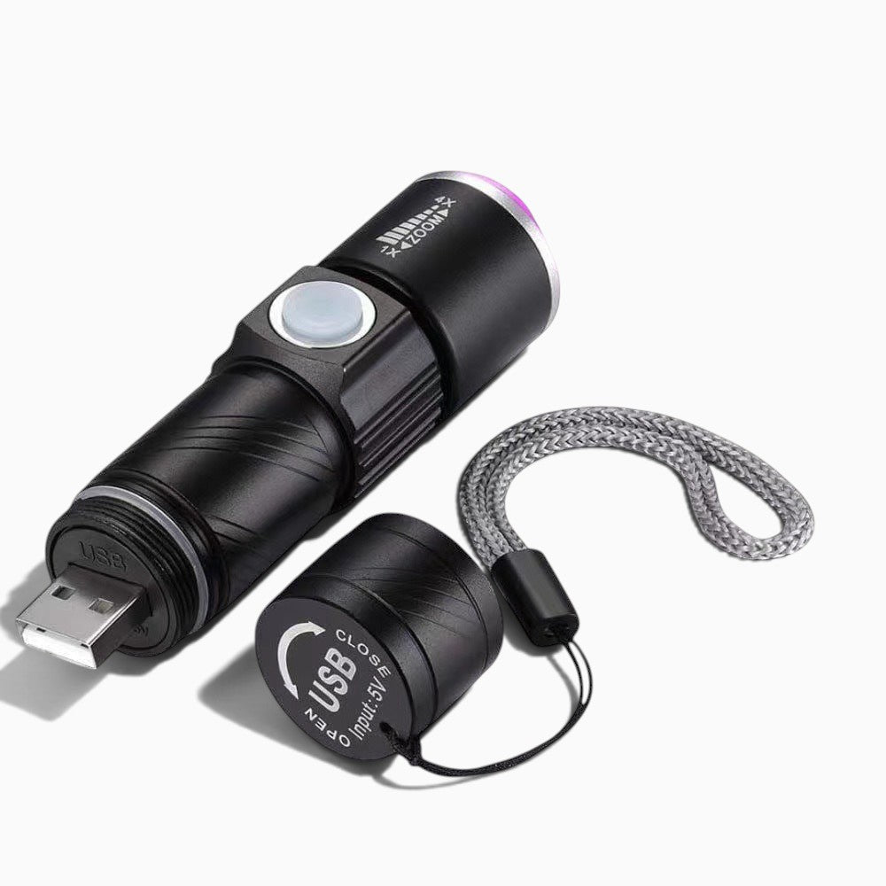 Lampe de poche UV Lumeoo noire avec port USB intégré pour détection de faux billets et marquages fluorescents
