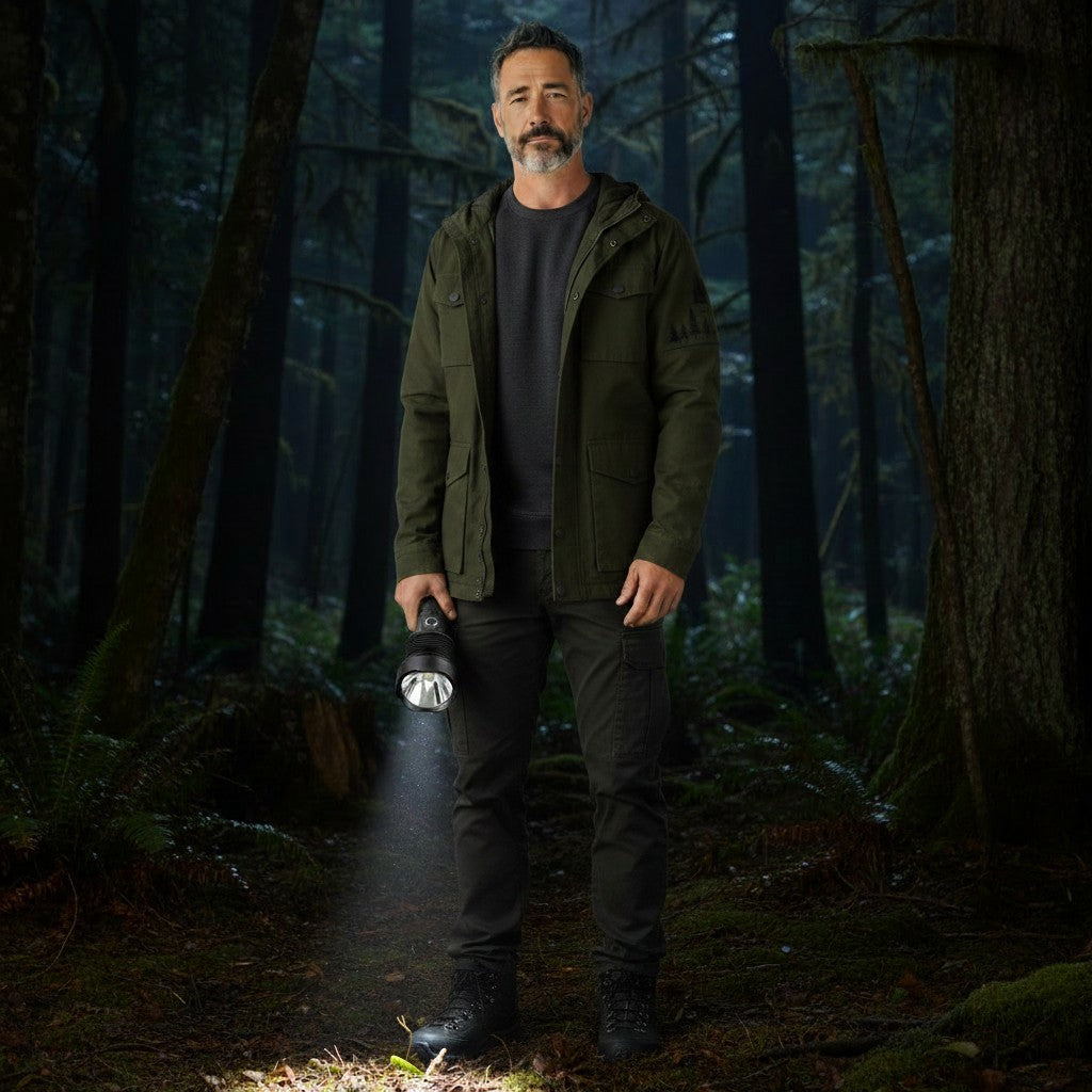 Homme en forêt tenant une lampe de poche Lumeoo ZOOMIX™ télescopique rechargeable par USB à faisceau puissant