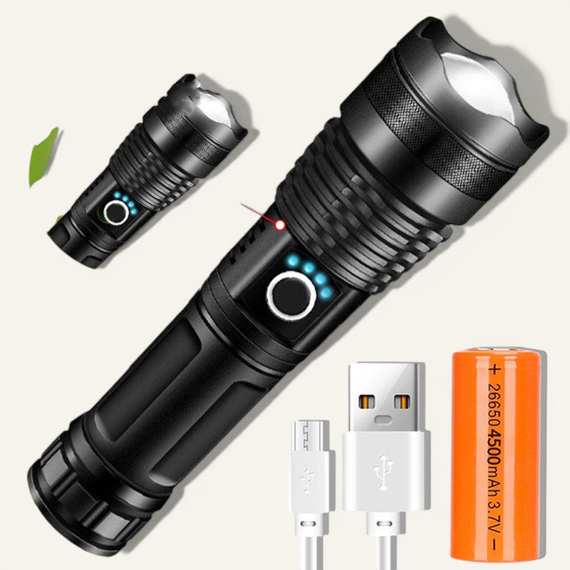 Lampe de poche Lumeoo noire télescopique avec zoom, rechargeable par USB, incluant batterie et câble de charge.