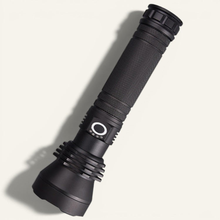 Lampe de poche Lumeoo noire télescopique avec zoom, rechargeable par USB, idéale pour le camping et la randonnée.
