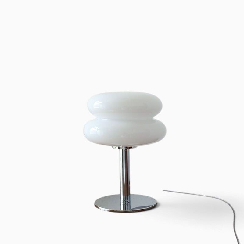 Lampe à poser Lumeoo VERRUX en verre blanc et pied en fer chromé, design nordique LED dimmable avec câble USB