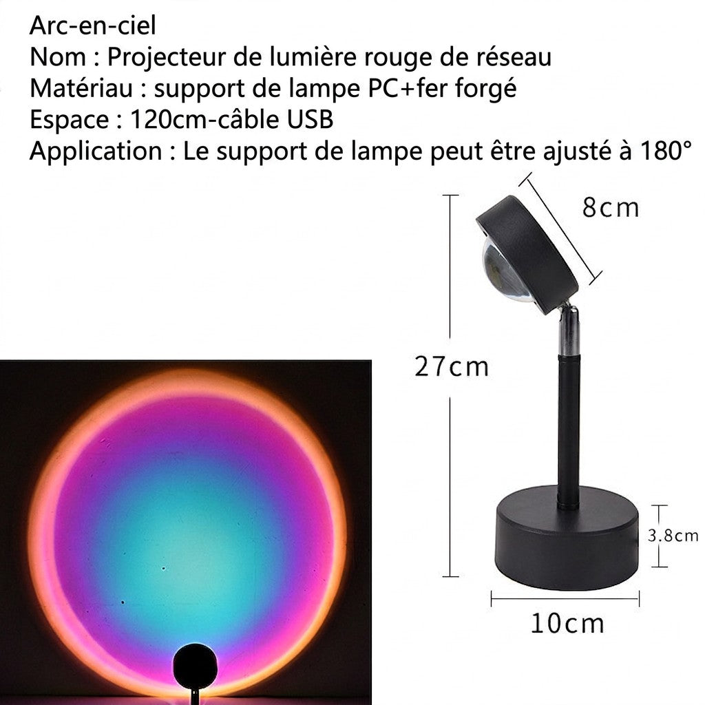 Lampe projecteur Lumeoo avec halo arc-en-ciel, support noir ajustable en fer forgé et PC pour ambiance relaxante.