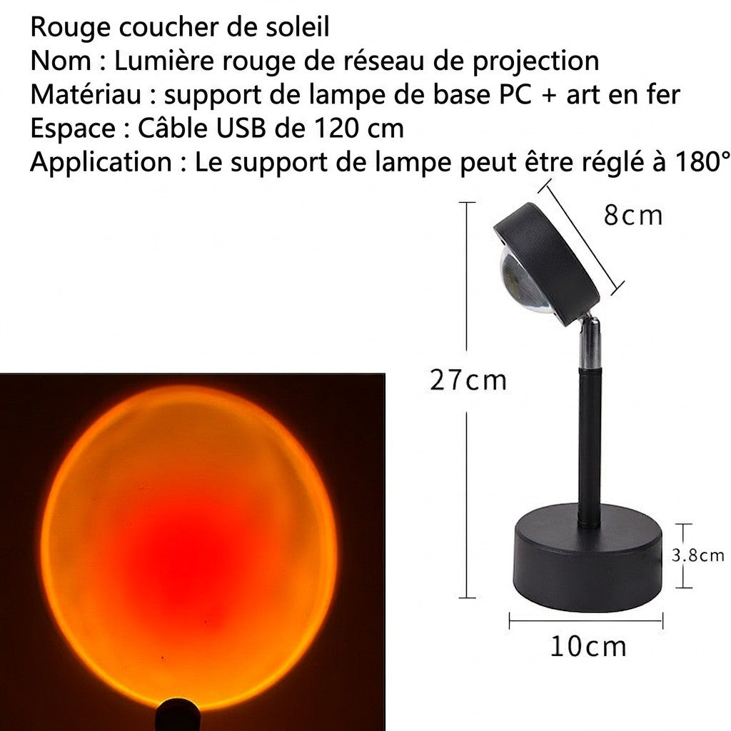 Lampe projecteur coucher de soleil Lumeoo avec base noire réglable projetant une lumière chaude et circulaire