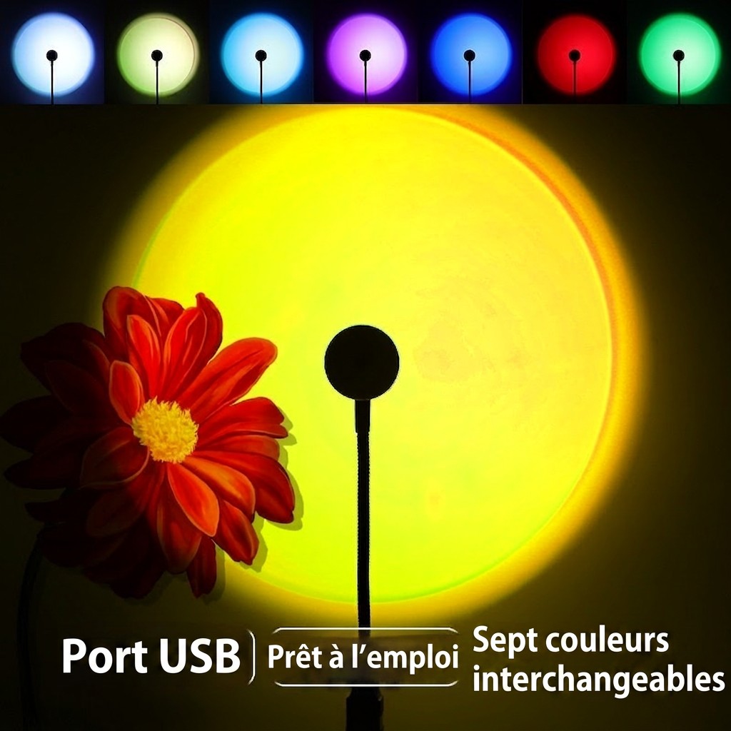 Lampe Lumeoo RAINOVA avec projection coucher de soleil jaune sur fleur rouge et sept couleurs interchangeables via USB