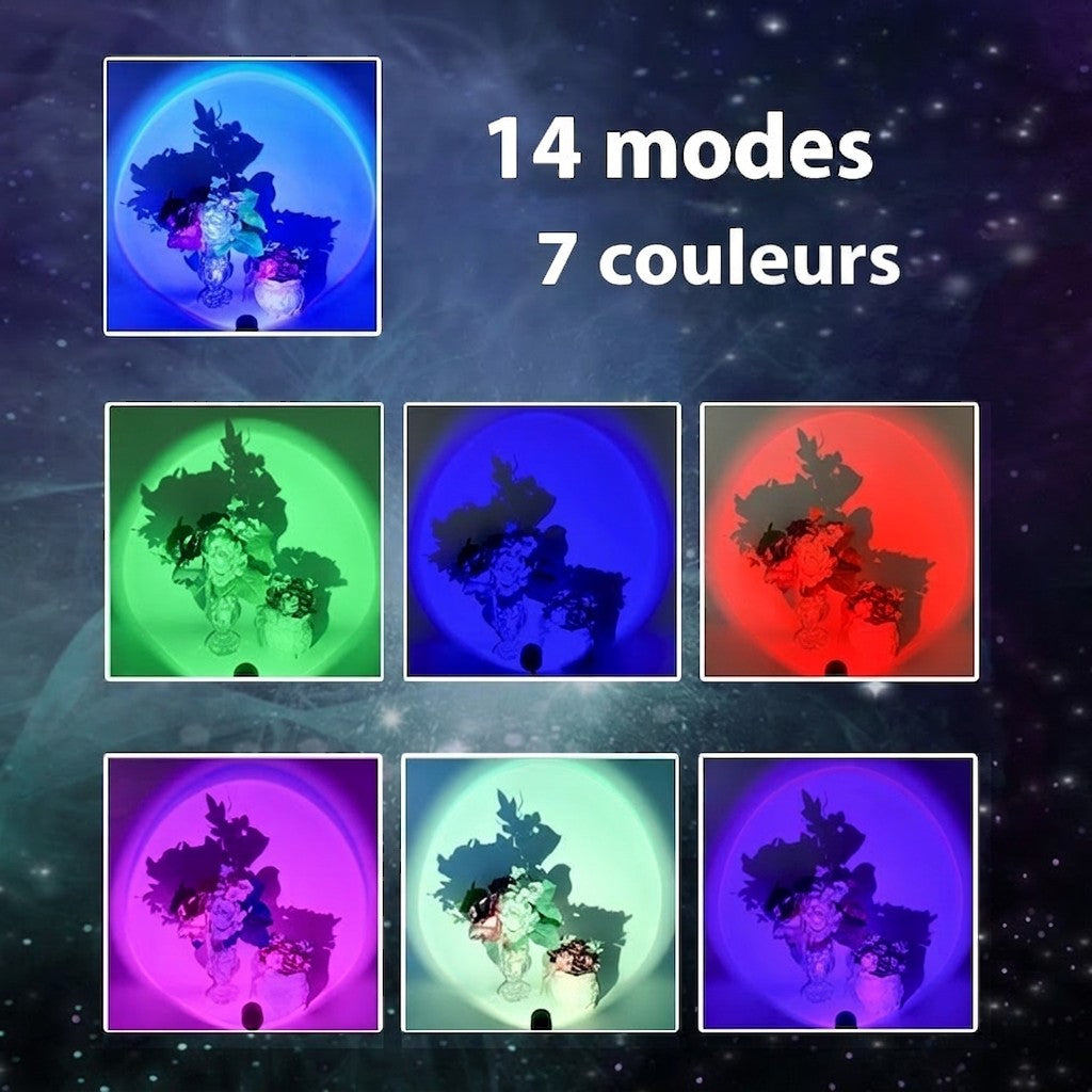 Lampe Lumeoo RAINOVA avec projection arc-en-ciel, 7 couleurs et 14 modes d'éclairage pour une ambiance relaxante.
