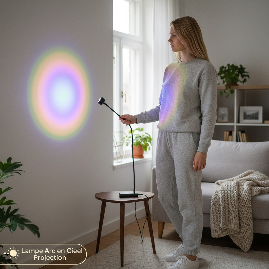 Femme tenant une lampe Lumeoo RAINOVA projetant un arc-en-ciel coloré sur un mur blanc dans un salon moderne