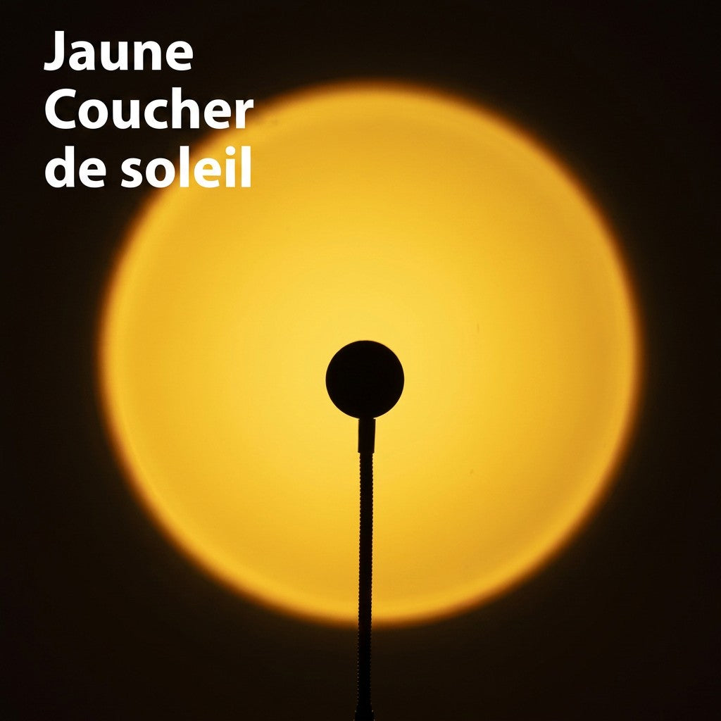 Lampe Lumeoo projetant un cercle lumineux jaune rappelant un coucher de soleil sur un mur sombre
