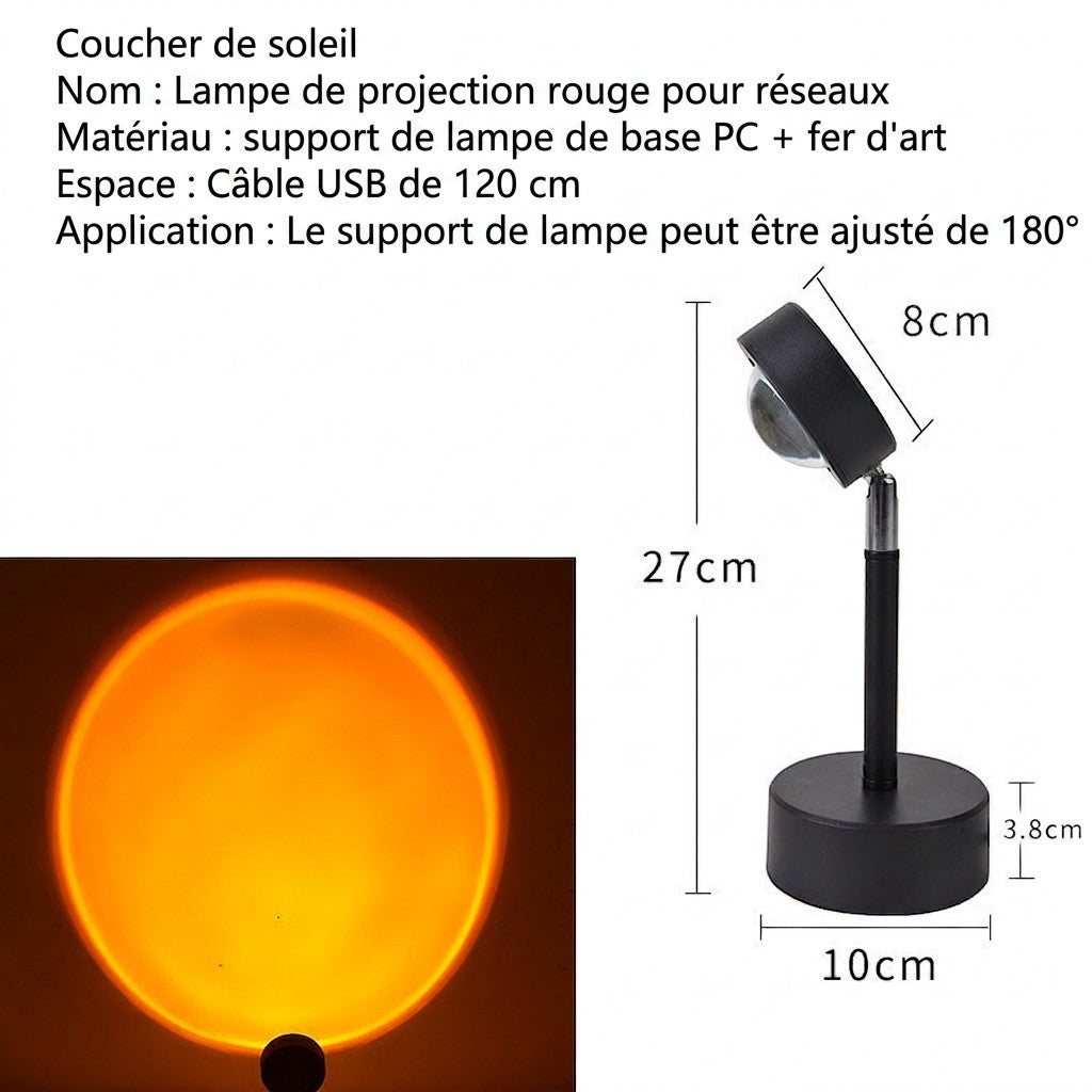 Lampe projecteur coucher de soleil Lumeoo avec base noire ajustable et projection lumineuse orange chaleureuse