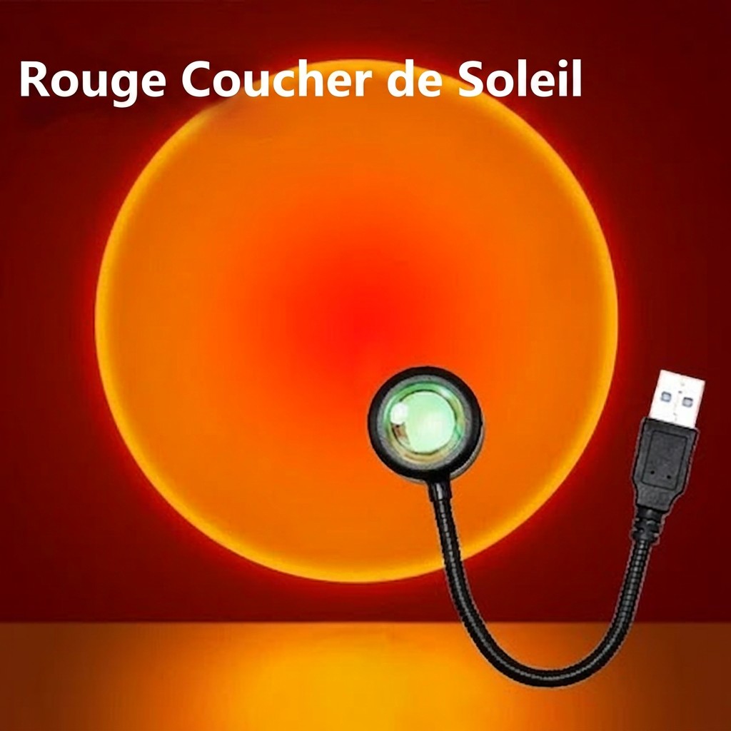 Lampe Lumeoo RAINOVA USB projetant un cercle lumineux rouge coucher de soleil pour une ambiance relaxante