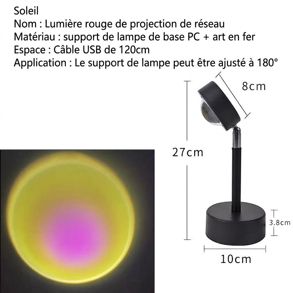 Lampe Lumeoo SUNOVA à projection coucher de soleil avec base noire ajustable pour une ambiance relaxante et chaleureuse