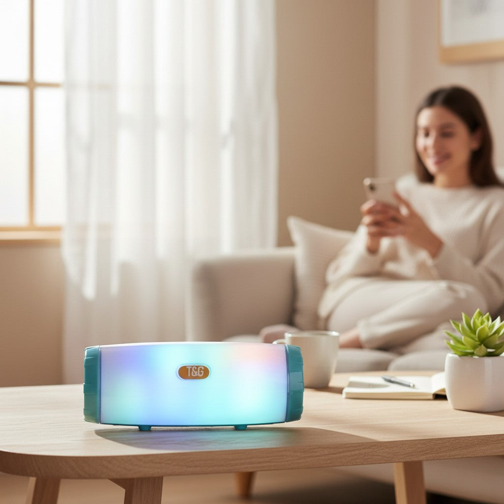 Lampe Lumeoo SONOLUX RGB Bluetooth multicolore sur une table basse avec une femme en arrière-plan