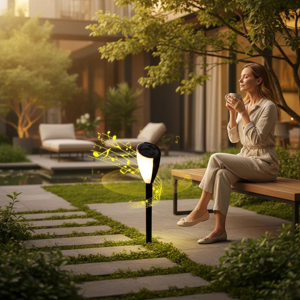 Femme relaxée dans un jardin avec la lampe solaire Lumeoo bicolore et acoustique diffusant de la musique.