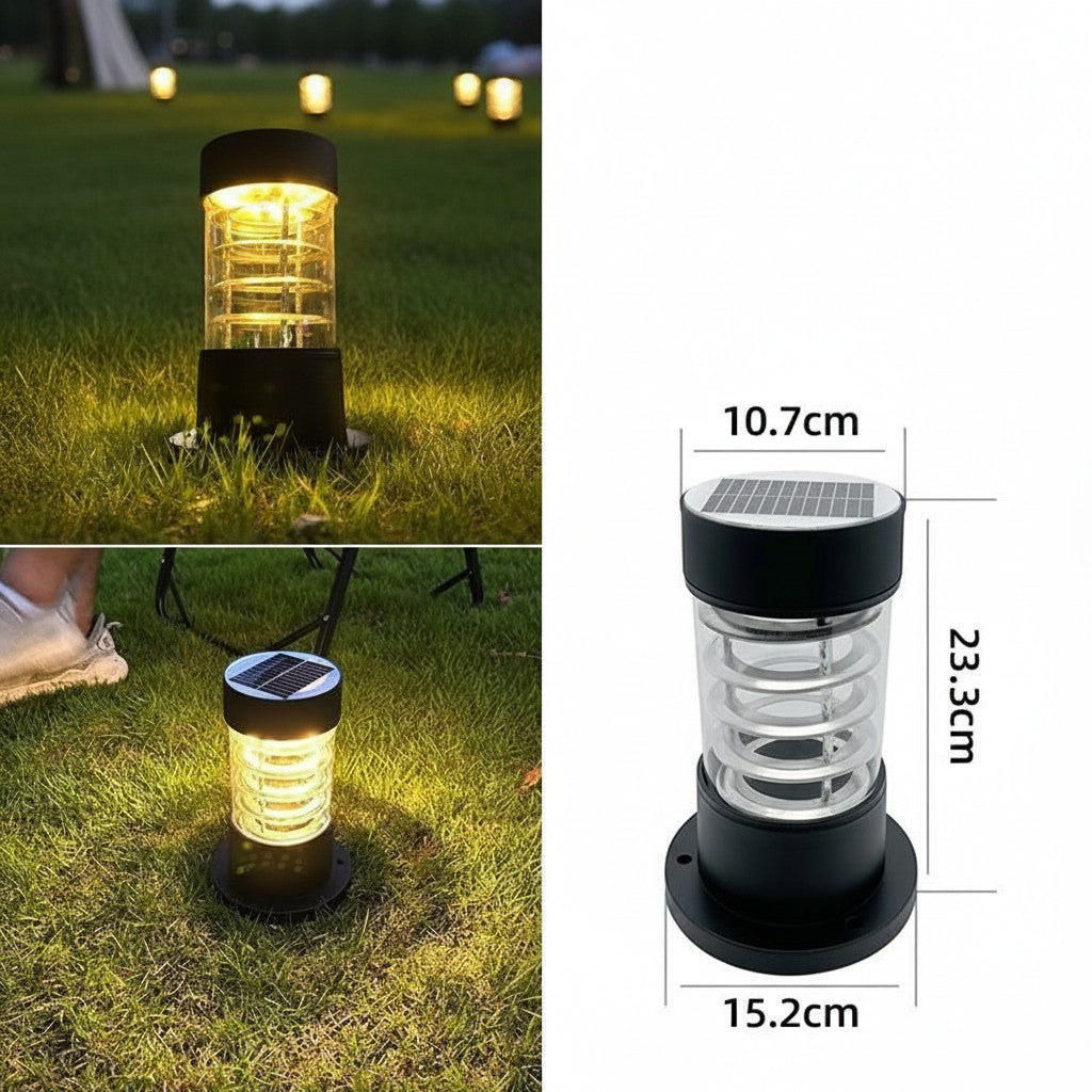 Lampe solaire Lumeoo cylindrique noire avec éclairage LED chaud pour jardin, terrasse ou allée extérieure.