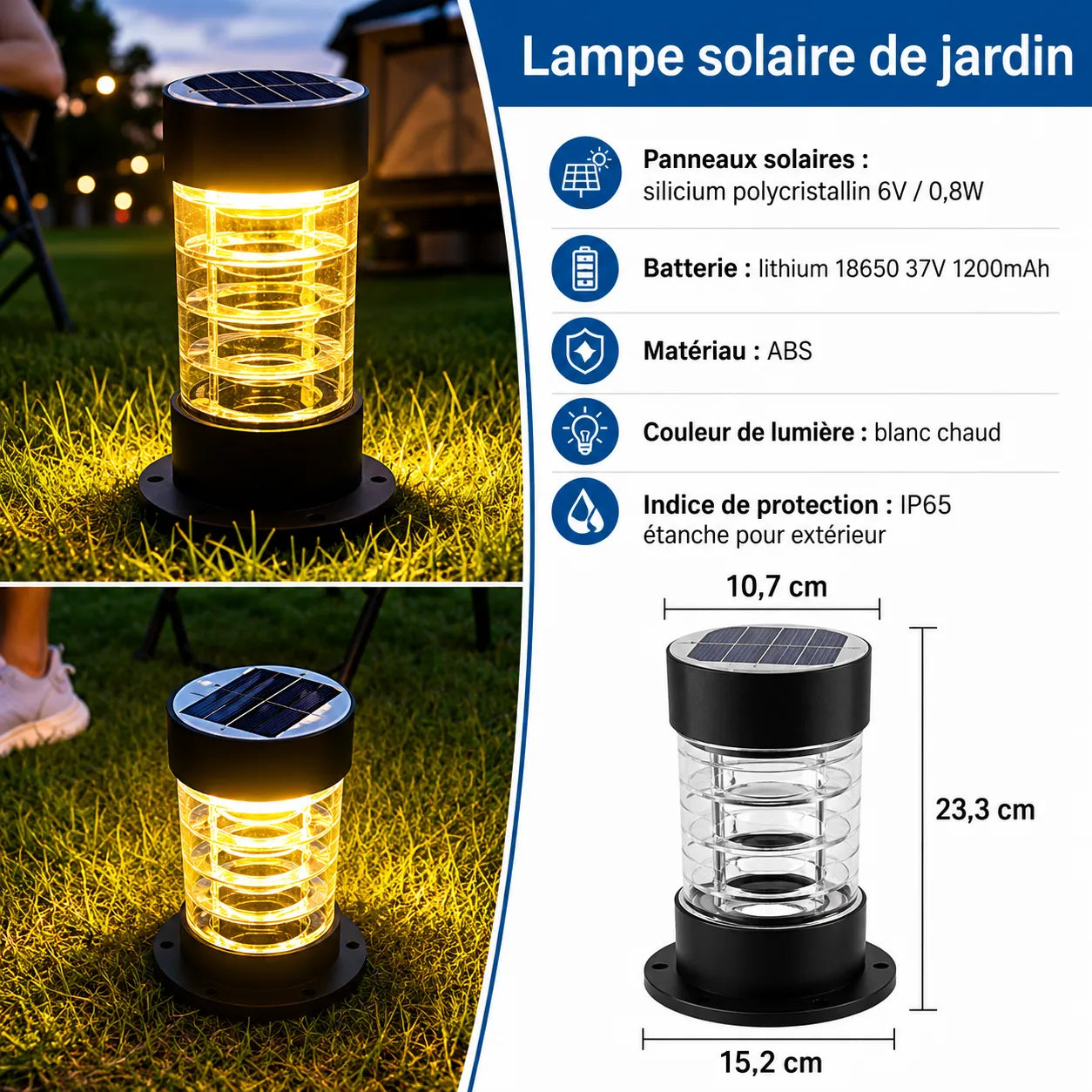 Lampe solaire extérieur à poser Lumeoo cylindrique noire avec éclairage LED chaleureux pour jardin et terrasse Image