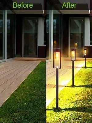 Comparaison avant après de l'éclairage Lumeoo avec lampes solaires à filament tungstène sur une terrasse de jardin