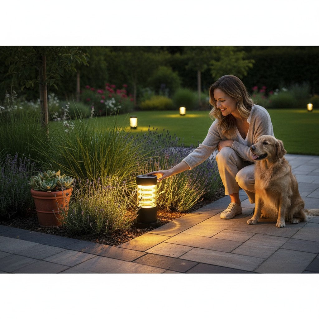Femme avec son chien dans un jardin éclairé par la lampe solaire à poser FLORALUX de Lumeoo diffusant une lumière douce