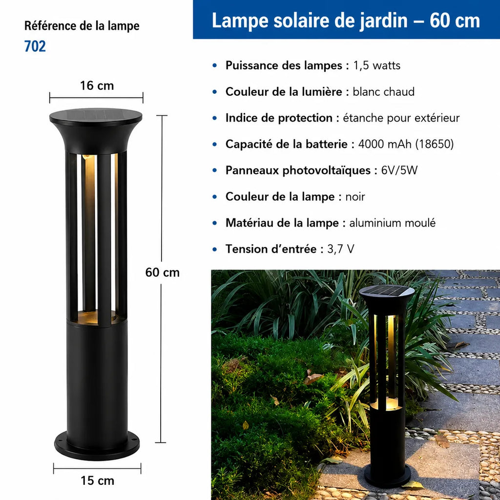 Lampe solaire extérieur Lumeoo noire en aluminium de 60cm avec éclairage blanc chaud pour terrasse et jardin