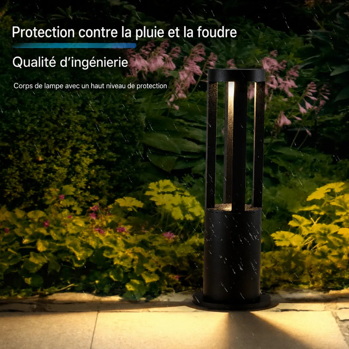 Lampe solaire extérieur à poser Lumeoo noire cylindrique pour jardin, résistante aux intempéries et étanche.