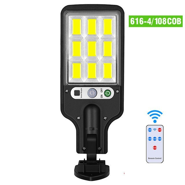 Lampe solaire murale Lumeoo avec LED COB, détecteur de mouvement et télécommande pour éclairage extérieur sécurisé.