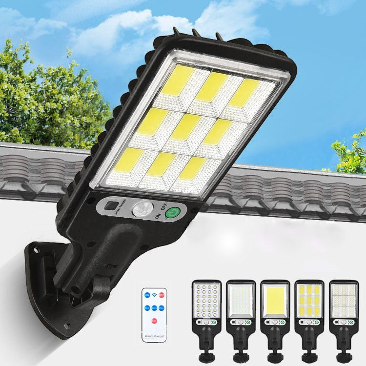 Lampe solaire murale Lumeoo avec LED COB, détecteur de mouvement et télécommande pour éclairage extérieur puissant.