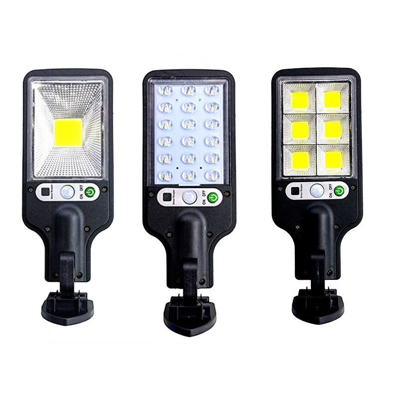 Trois lampes solaires murales Lumeoo avec détecteur de mouvement, technologie LED COB et support orientable noir.