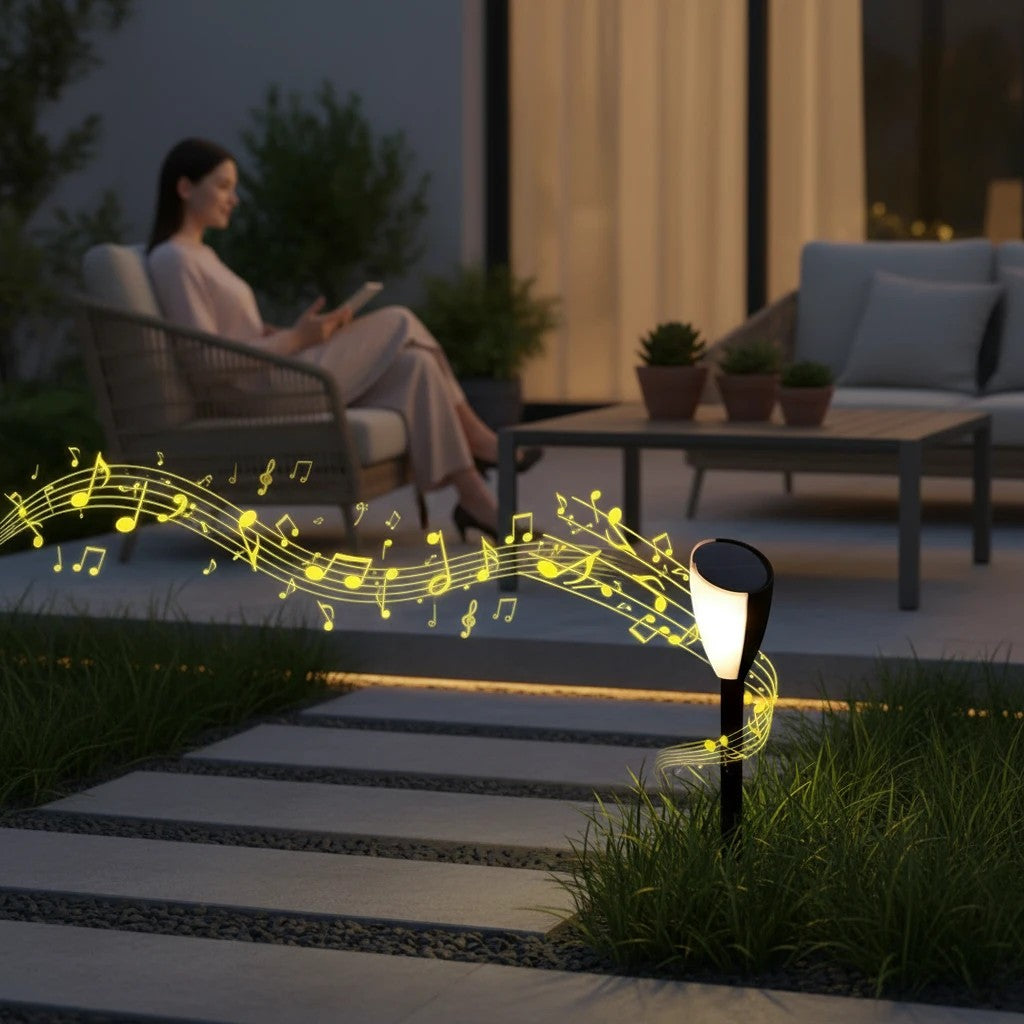 Borne solaire Lumeoo SONOVA bicolore avec haut-parleur intégré dans un jardin, femme relaxée sur une terrasse en fond.