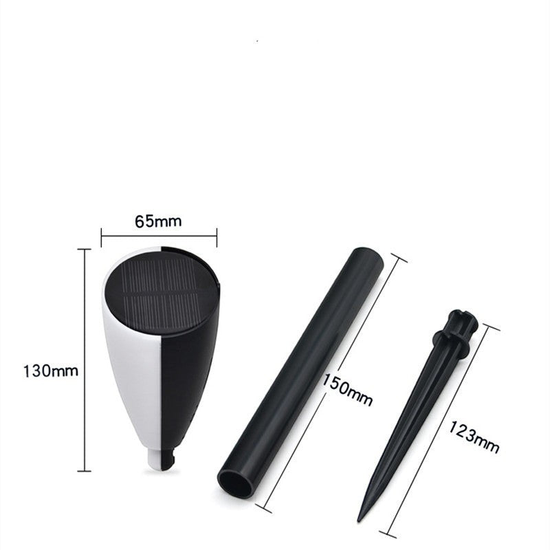 Schéma technique de la lampe solaire Lumeoo SONOVA avec dimensions, montrant le corps bicolore et le piquet de jardin.