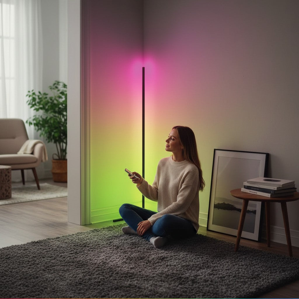 Femme utilisant son smartphone pour contrôler une lampe sur pied RGB Lumeoo dans un salon moderne et chaleureux