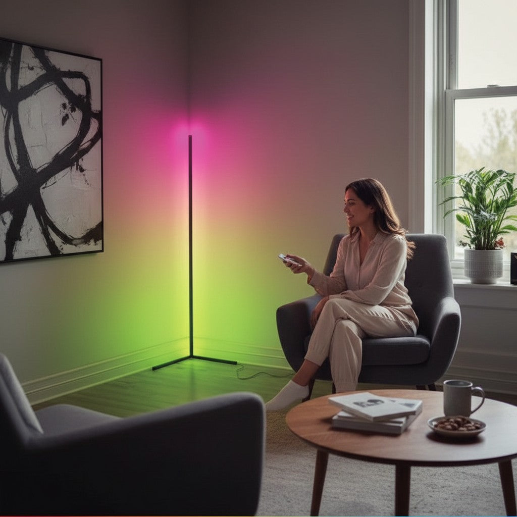 Femme utilisant une télécommande pour régler la lampe sur pied RGB Lumeoo dans un salon moderne et chaleureux