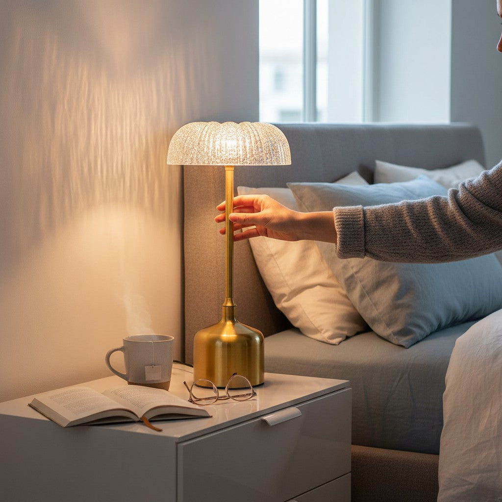 Lampe de table Lumeoo IRONOVA en métal doré avec abat-jour texturé diffusant une lumière douce sur une table de nuit
