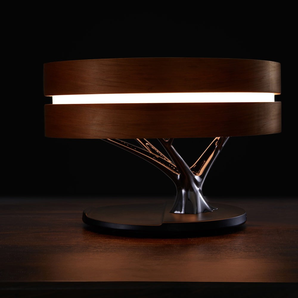 Lampe Lumeoo Arborea ronde en bois avec éclairage LED, enceinte Bluetooth et chargeur induction sur pied métallique