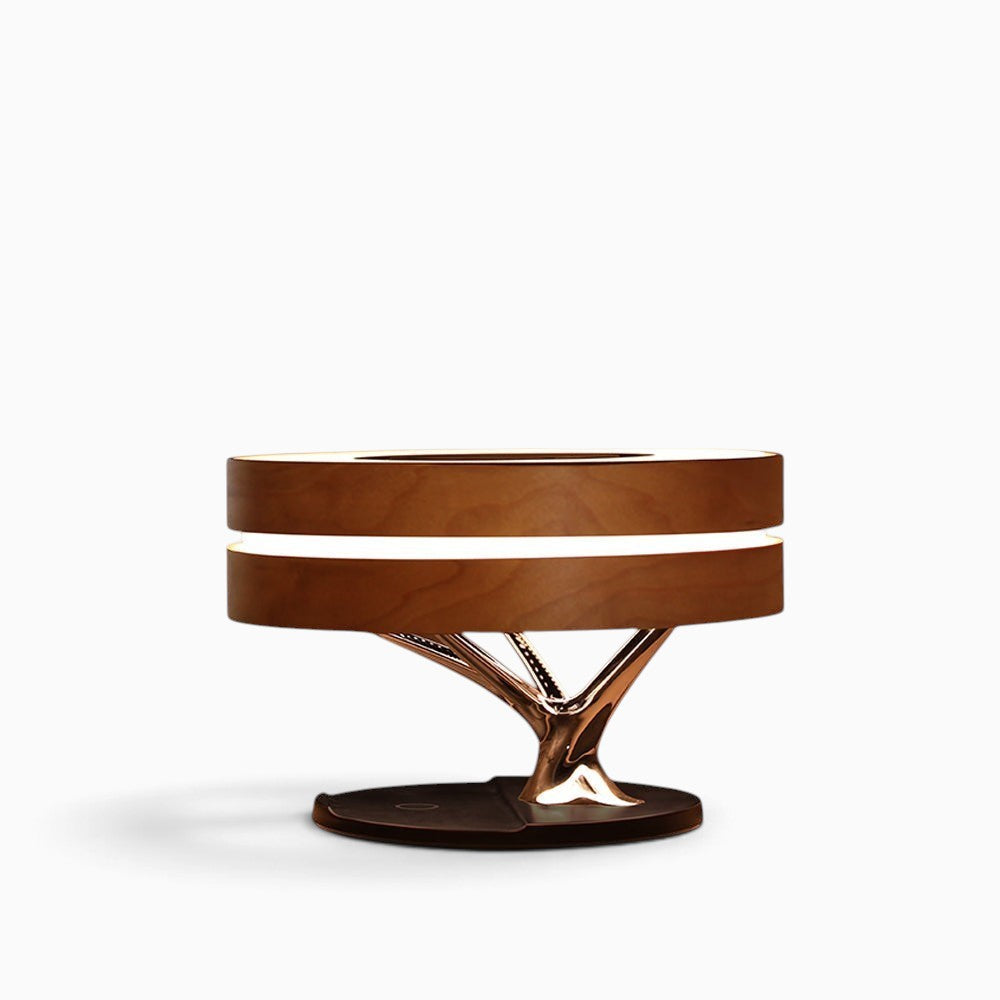 Lampe de table Lumeoo ronde en bois avec enceinte Bluetooth intégrée et chargeur induction sur pied métallique